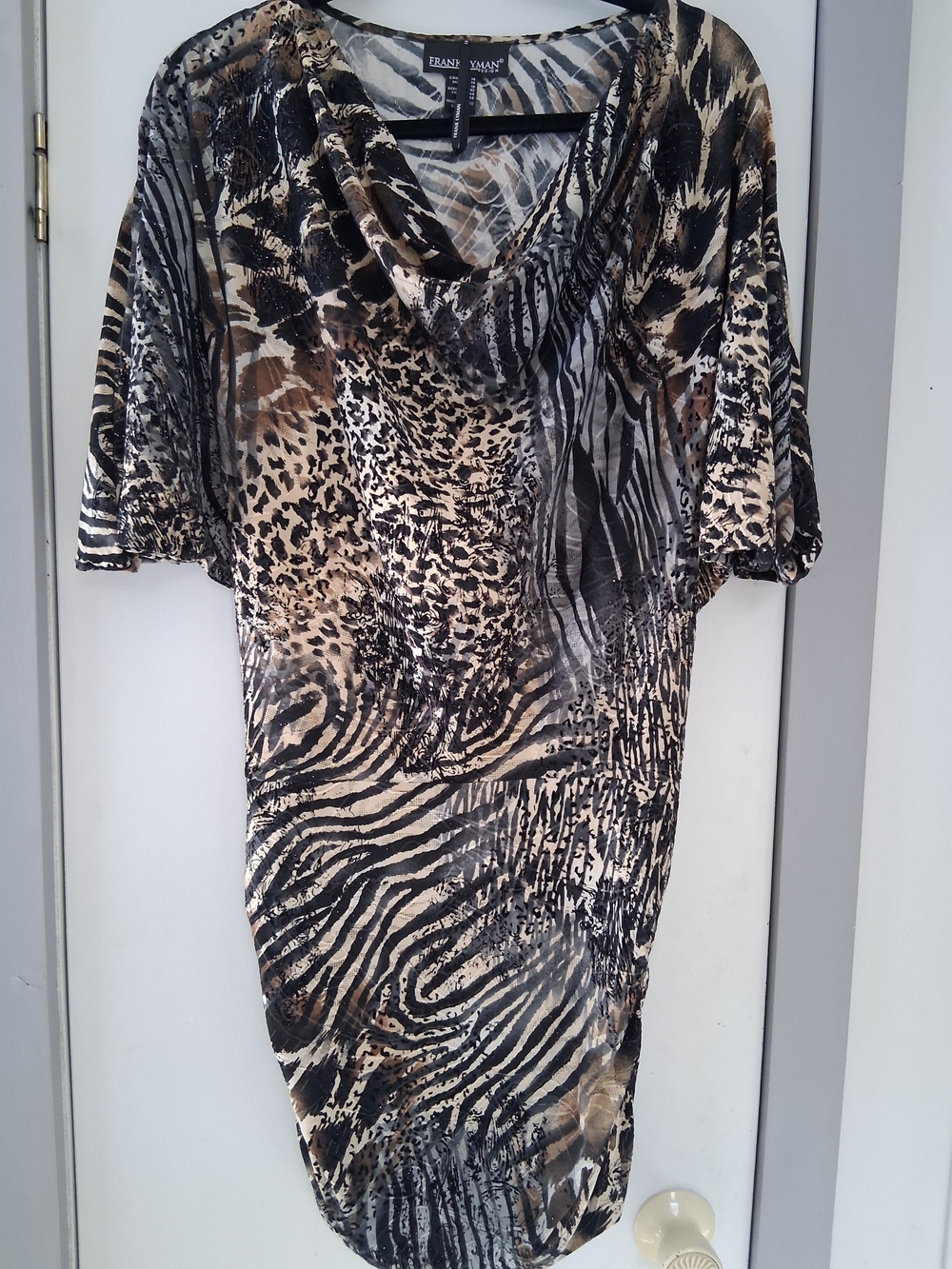 Frank Lyman Design Animal Print Cowl Neck Tunic in Black and Tan